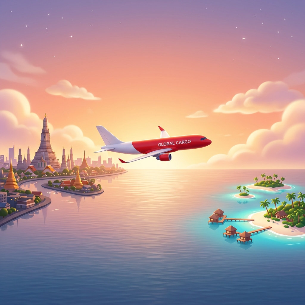 Illustrated cargo plane flying from Thailand to the Maldives